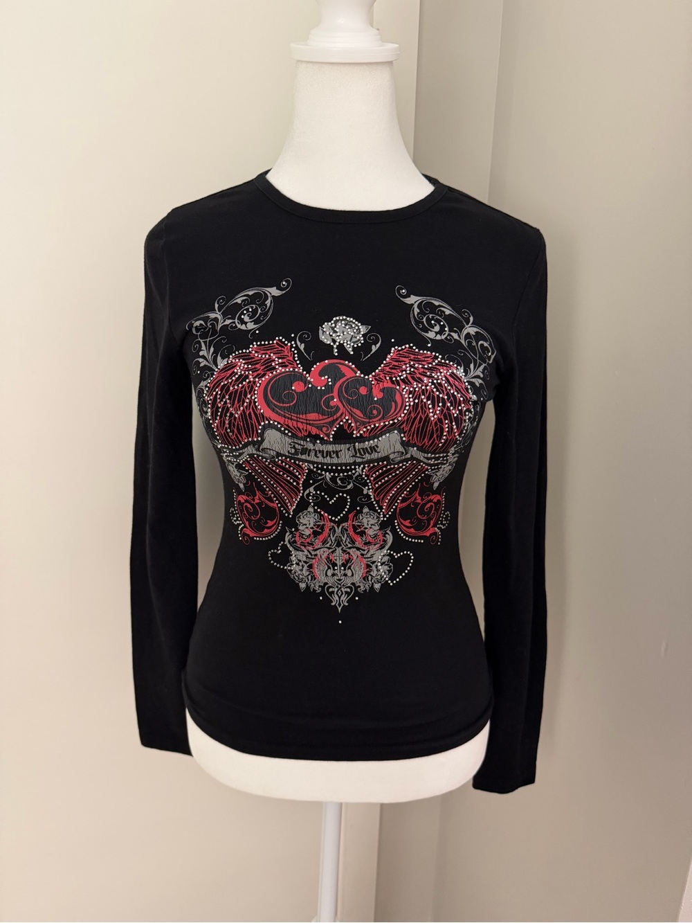 Carbon Black Long-Sleeve Top with Red & Silver Heart Graphic